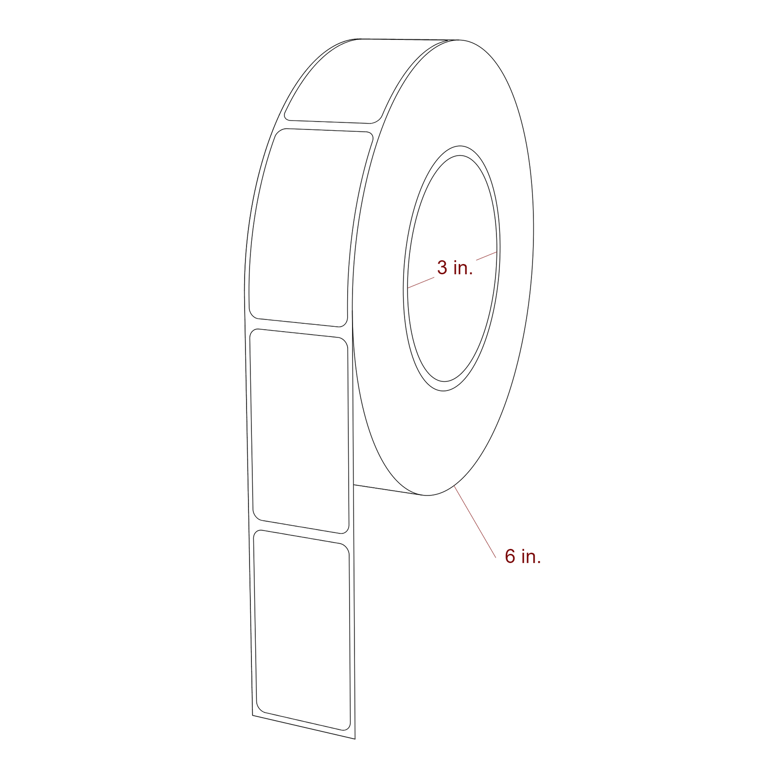 1.31 Inch x 2.375 Inch Rectangle Inkjet Label Roll - 3 Inch Core - 6 Inch Roll OD - 3D Perspective