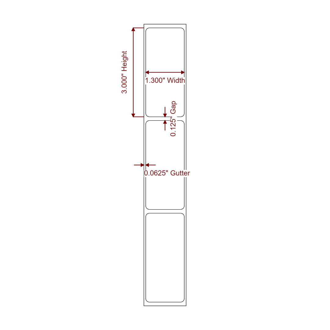 1.3 Inch x 3 Inch Rectangle Inkjet Label Roll - 2D Drawing
