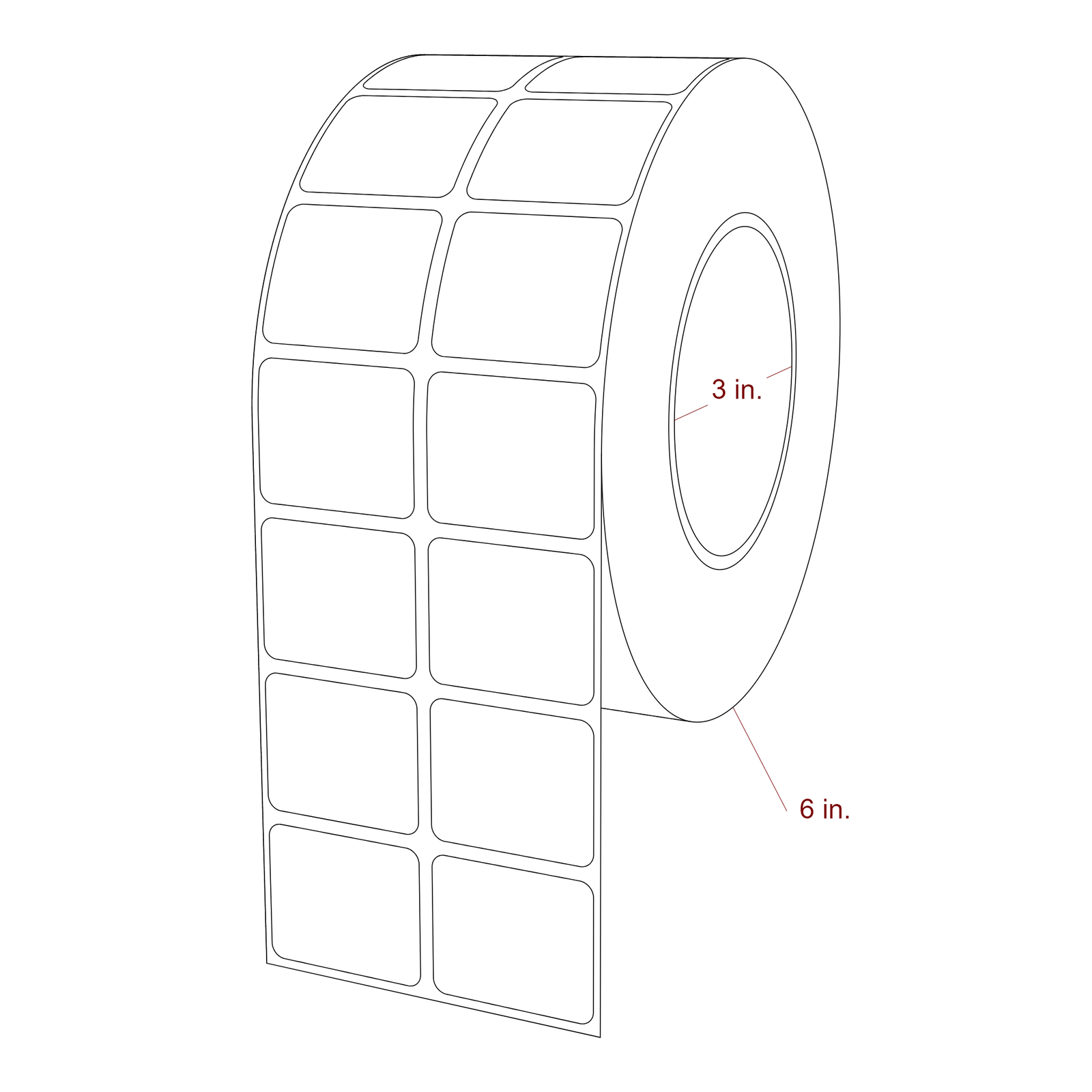 1.5 Inch x 1.25 Inch Rectangle Inkjet Label Roll - 3 Inch Core - 6 Inch Roll OD - 2Up - 3D Perspective