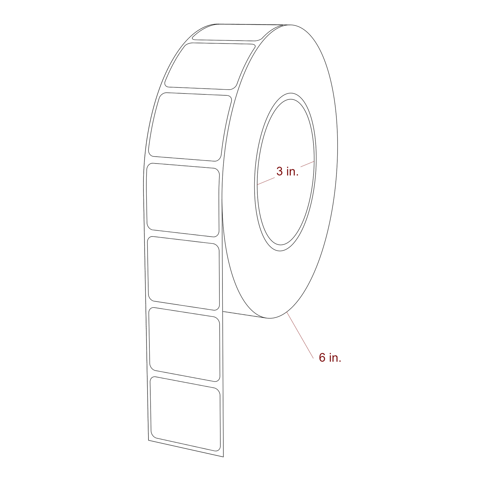 1.5 Inch x 1.25 Inch Rectangle Inkjet Label Roll - 3 Inch Core - 6 Inch Roll OD - 3D Perspective