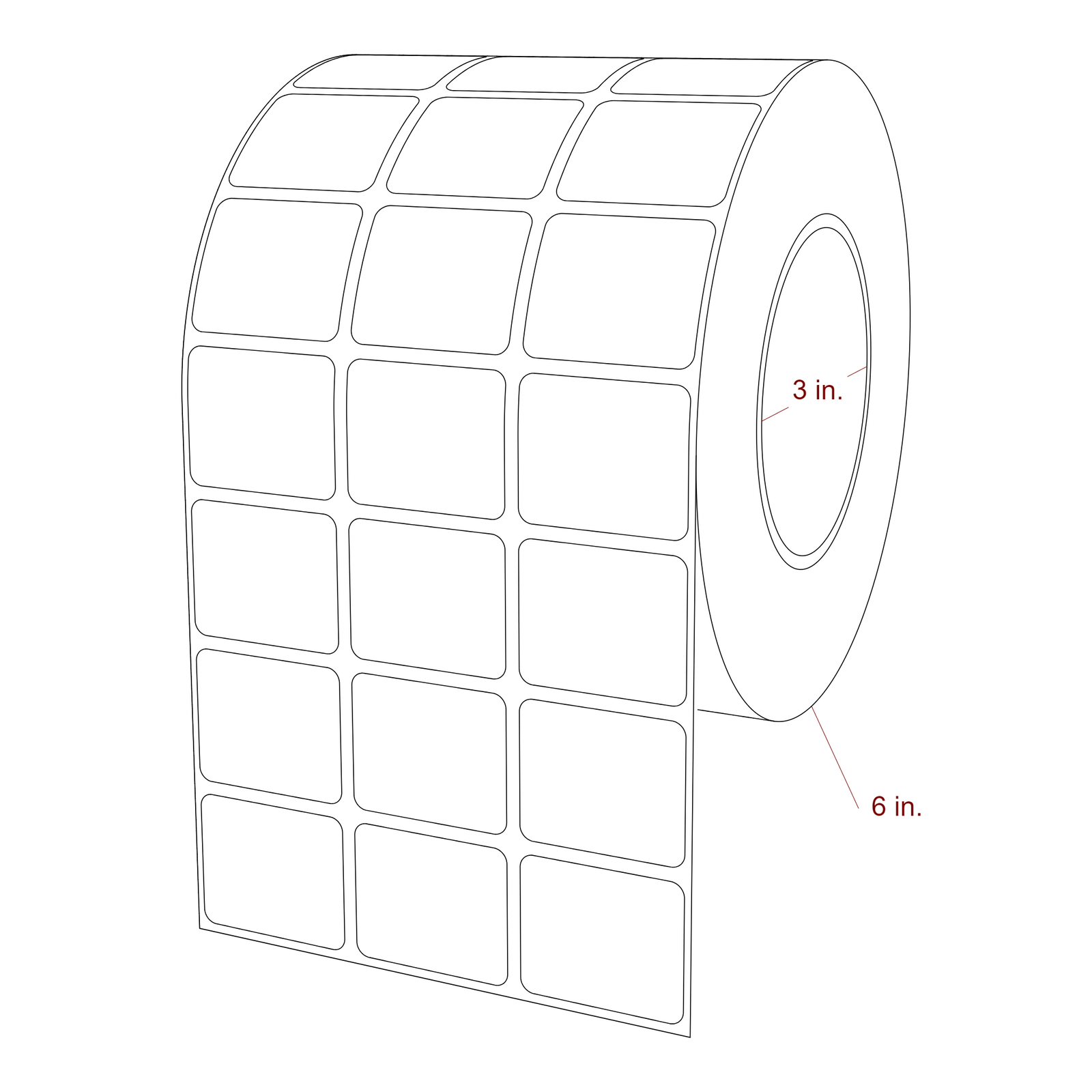 1.5 Inch x 1.25 Inch Rectangle Inkjet Label Roll - 3 Inch Core - 6 Inch Roll OD - 3Up - 3D Perspective