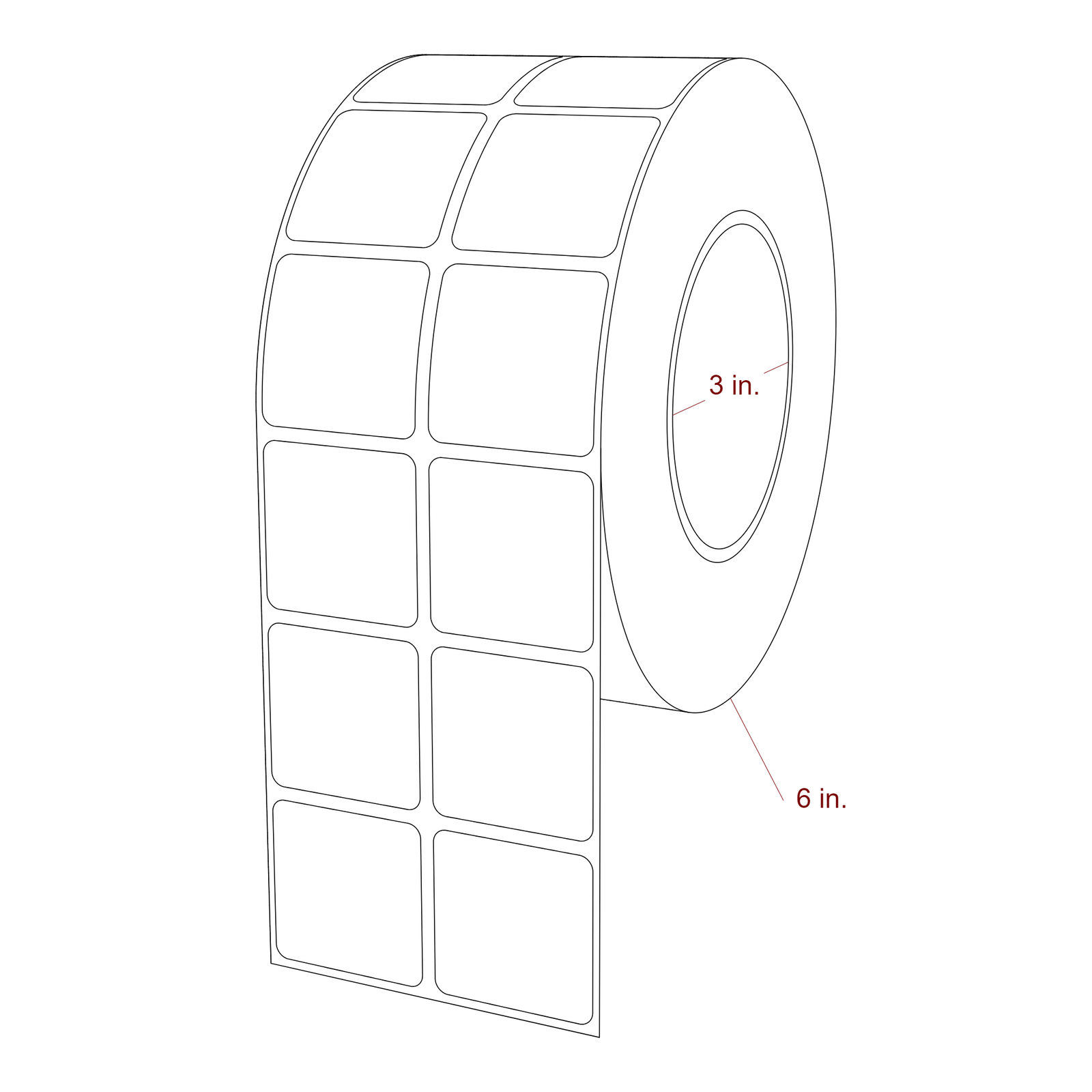 1.5 Inch x 1.5 Inch Rectangle Inkjet Label Roll - 3 Inch Core - 6 Inch Roll OD - 2Up - 3D Perspective