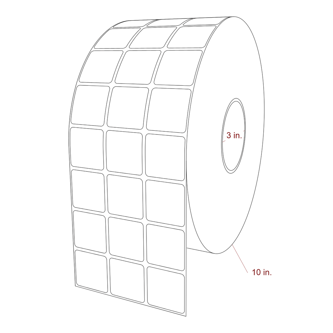 1.5 Inch x 1.5 Inch Rectangle Inkjet Label Roll - 3 Inch Core - 10 Inch Roll OD - 3Up - 3D Perspective