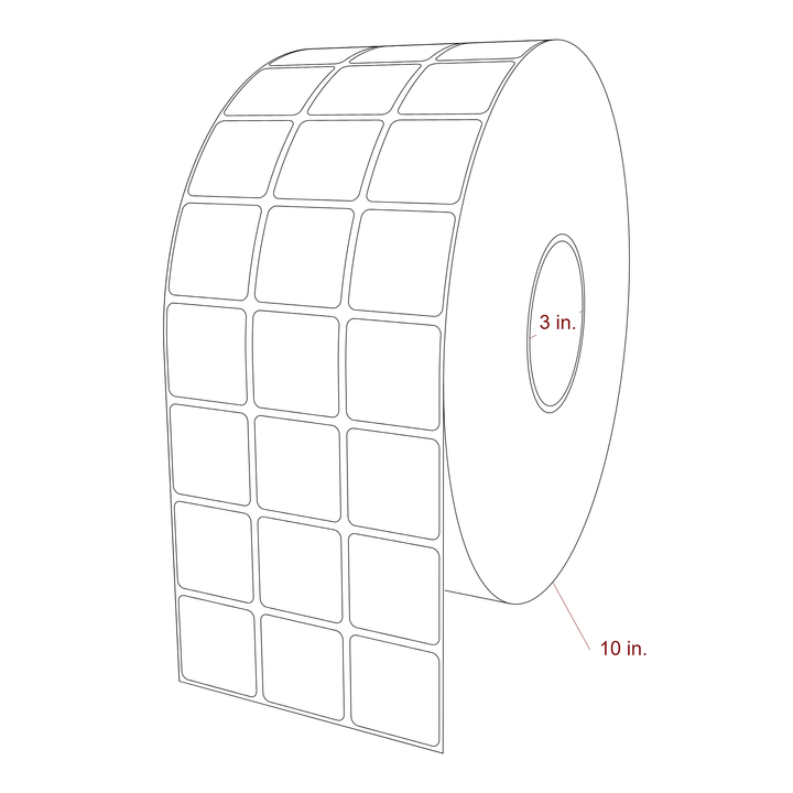 1.5 Inch x 1.5 Inch Rectangle Inkjet Label Roll - 3 Inch Core - 10 Inch Roll OD - 3Up - 3D Perspective