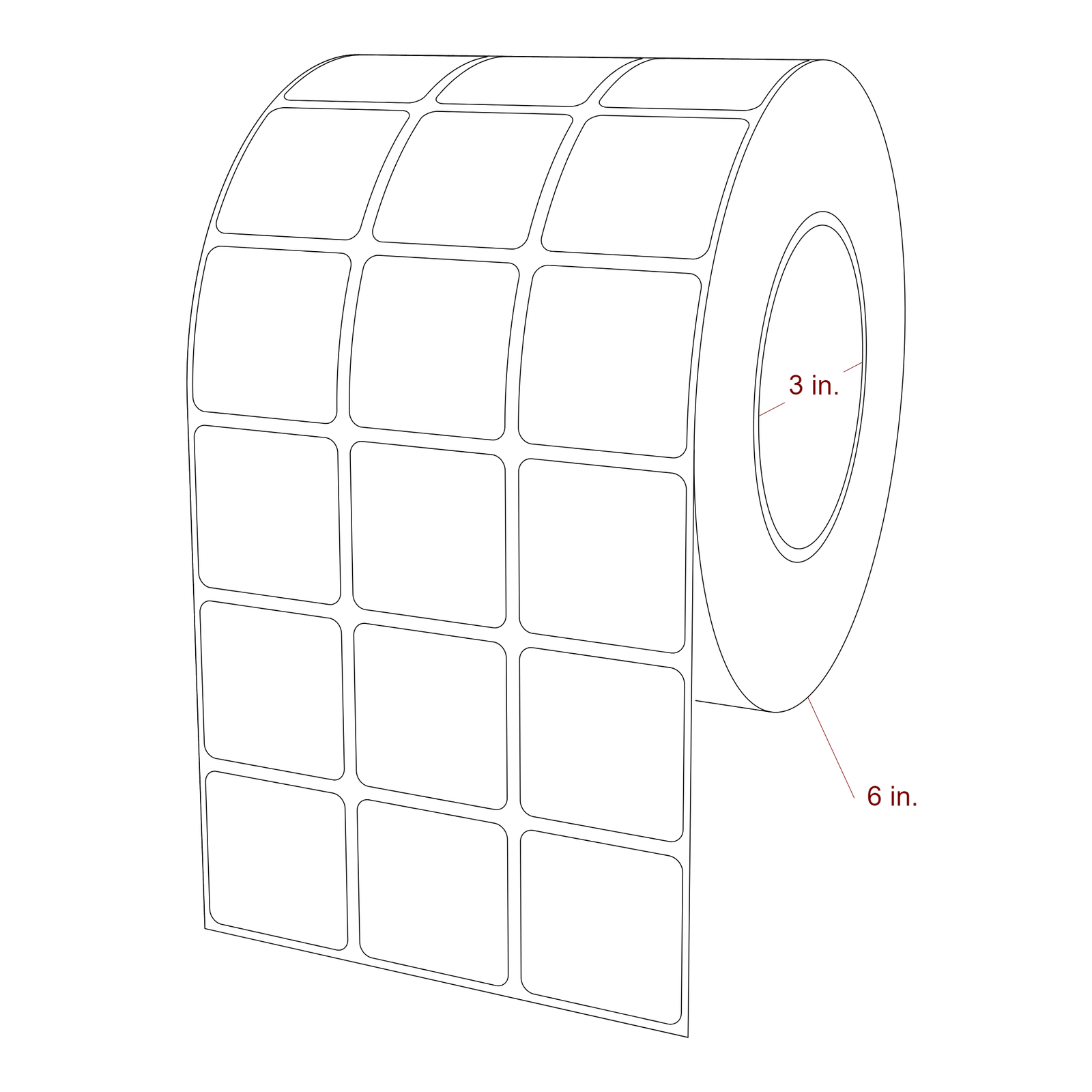 1.5 Inch x 1.5 Inch Rectangle Inkjet Label Roll - 3 Inch Core - 6 Inch Roll OD - 3Up - 3D Perspective