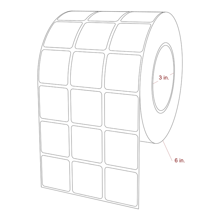 1.5 Inch x 1.5 Inch Rectangle Inkjet Label Roll - 3 Inch Core - 6 Inch Roll OD - 3Up - 3D Perspective