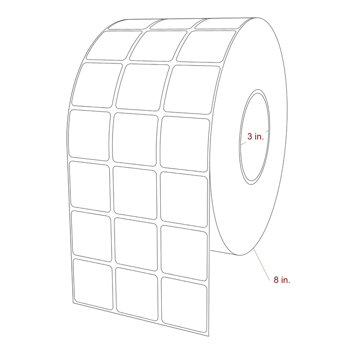 1.5 Inch x 1.5 Inch Rectangle Inkjet Label Roll - 3 Inch Core - 8 Inch Roll OD - 3Up - 3D Perspective