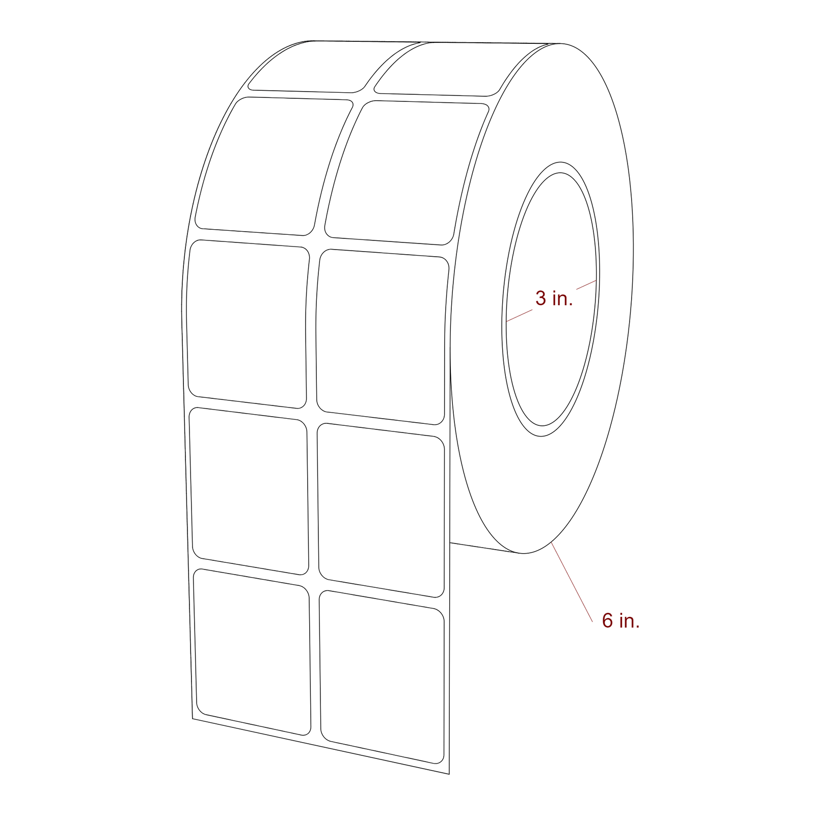 1.5 Inch x 1.75 Inch Rectangle Inkjet Label Roll - 3 Inch Core - 6 Inch Roll OD - 2Up - 3D Perspective