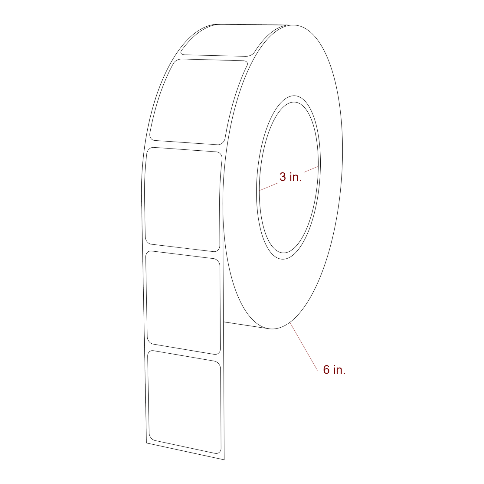 1.5 Inch x 1.75 Inch Rectangle Inkjet Label Roll - 3 Inch Core - 6 Inch Roll OD - 3D Perspective