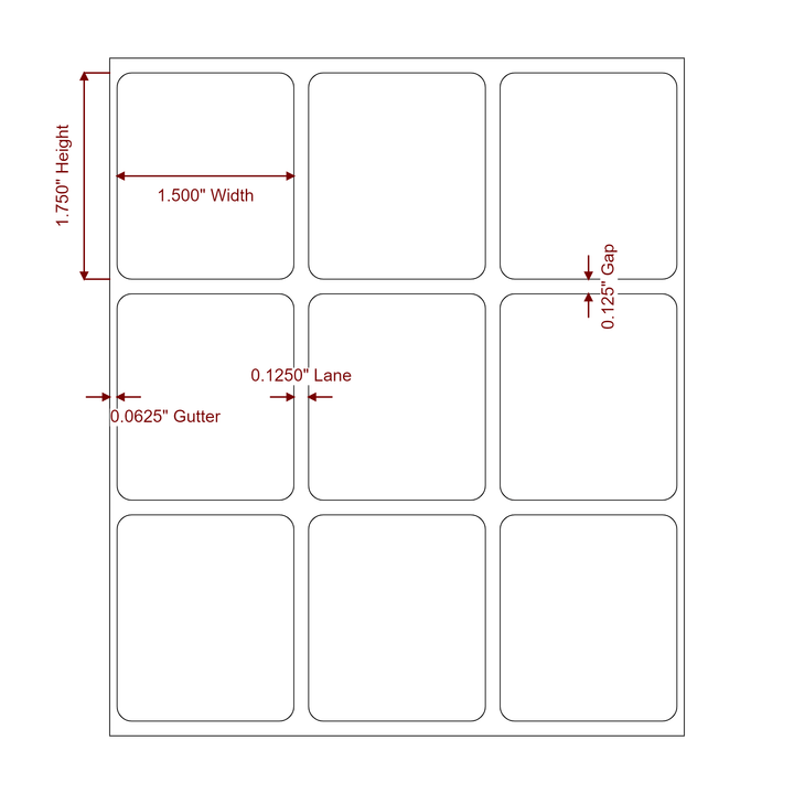 1.5 Inch x 1.75 Inch Rectangle Inkjet Label Roll - 3Up - 2D Drawing