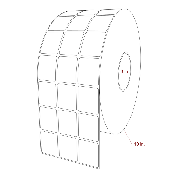 1.5 Inch x 1.75 Inch Rectangle Inkjet Label Roll - 3 Inch Core - 10 Inch Roll OD - 3Up - 3D Perspective