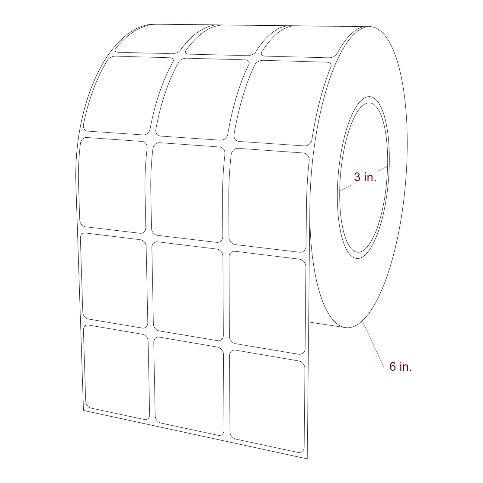 1.5 Inch x 1.75 Inch Rectangle Inkjet Label Roll - 3 Inch Core - 6 Inch Roll OD - 3Up - 3D Perspective