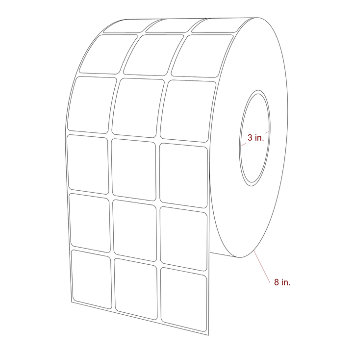 1.5 Inch x 1.75 Inch Rectangle Inkjet Label Roll - 3 Inch Core - 8 Inch Roll OD - 3Up - 3D Perspective
