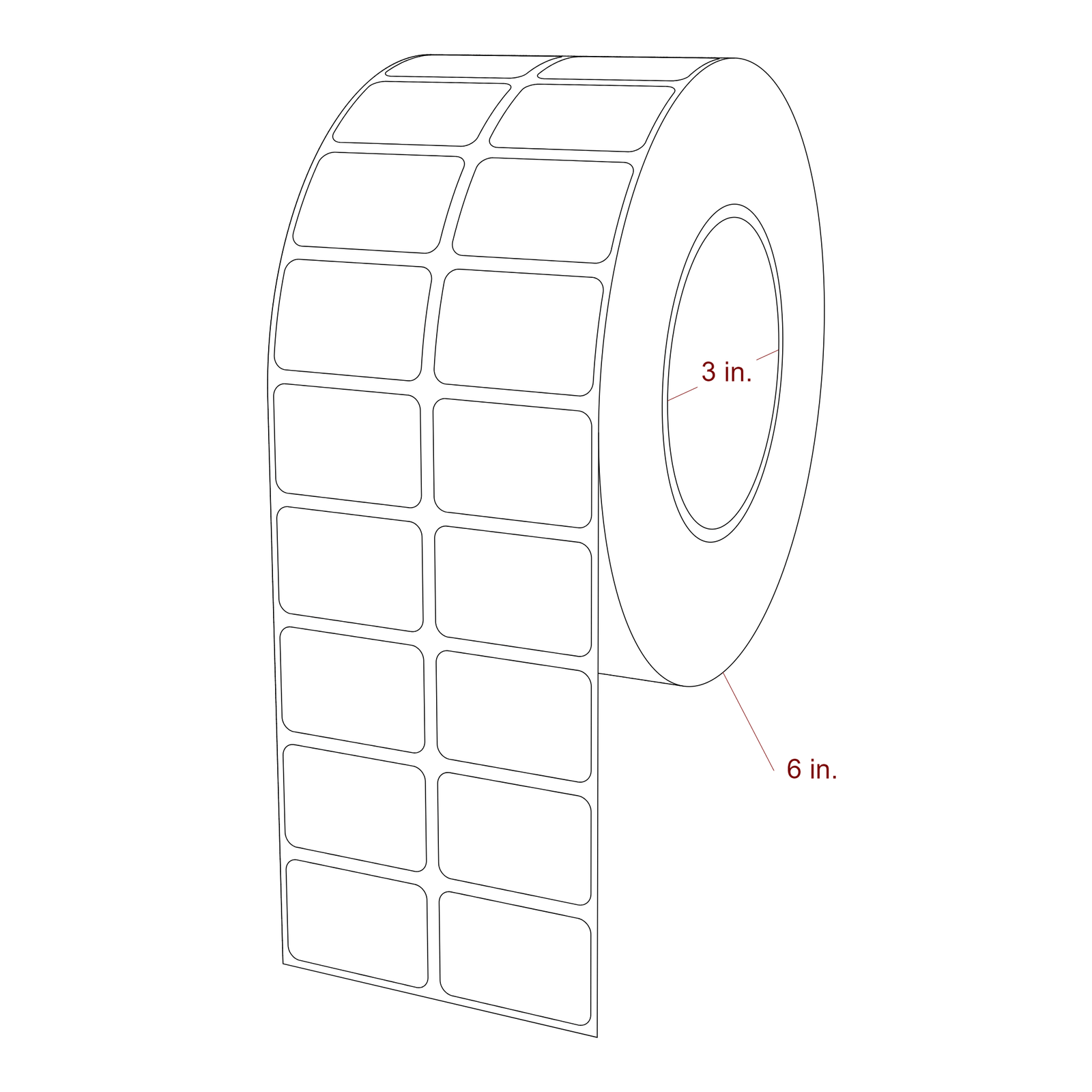 1.5 Inch x 1 Inch Rectangle Inkjet Label Roll - 3 Inch Core - 6 Inch Roll OD - 2Up - 3D Perspective