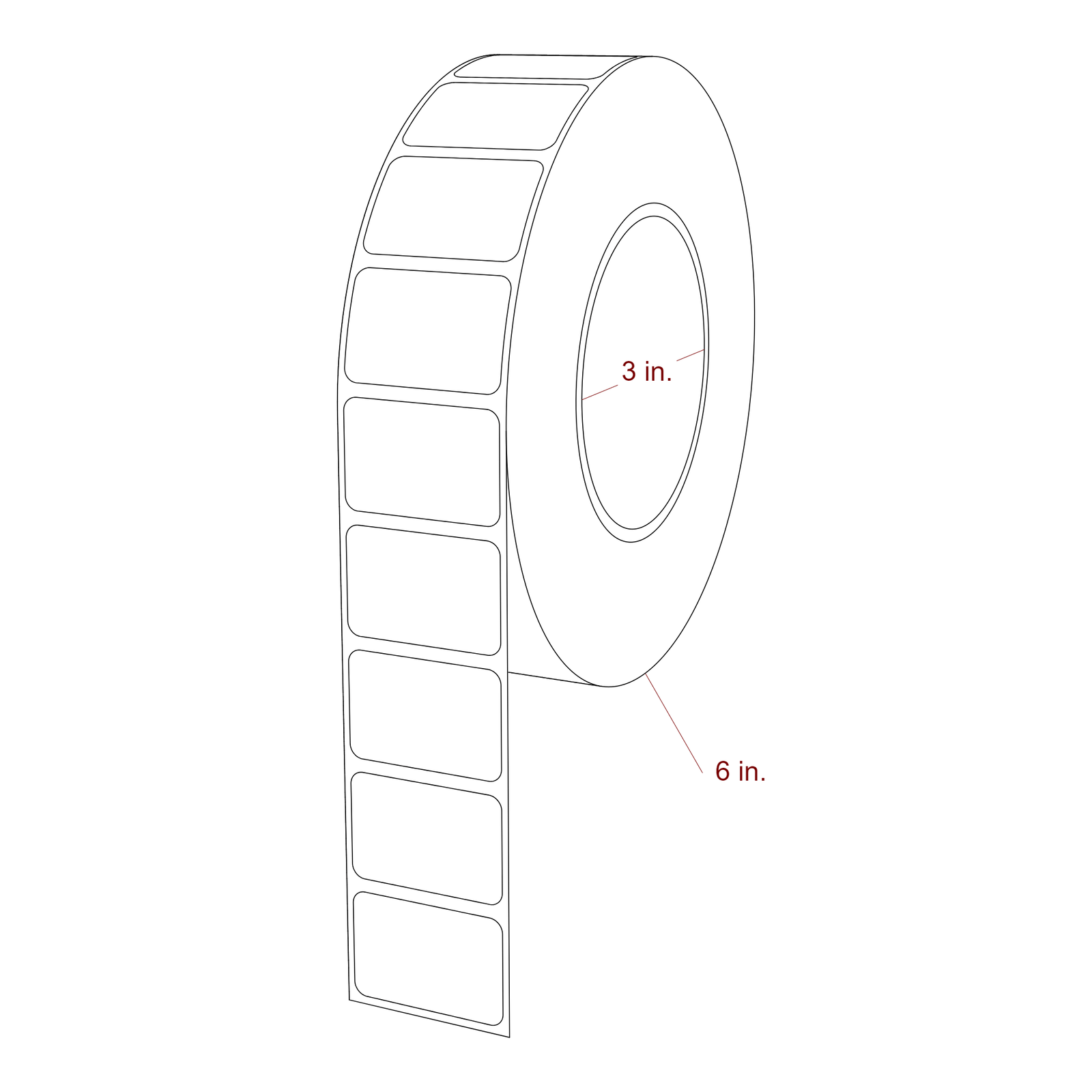 1.5 Inch x 1 Inch Rectangle Inkjet Label Roll - 3 Inch Core - 6 Inch Roll OD - 3D Perspective
