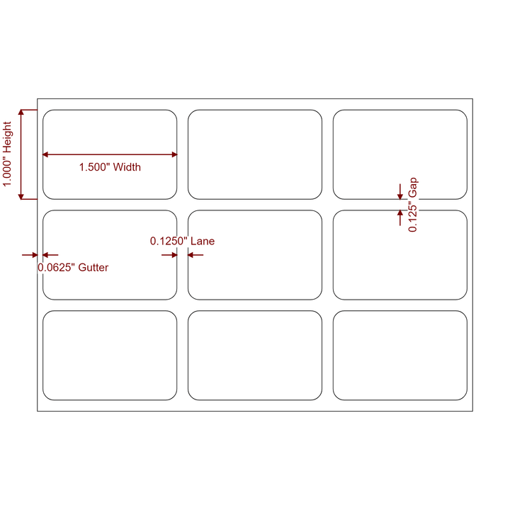 1.5 Inch x 1 Inch Rectangle Inkjet Label Roll - 3Up - 2D Drawing