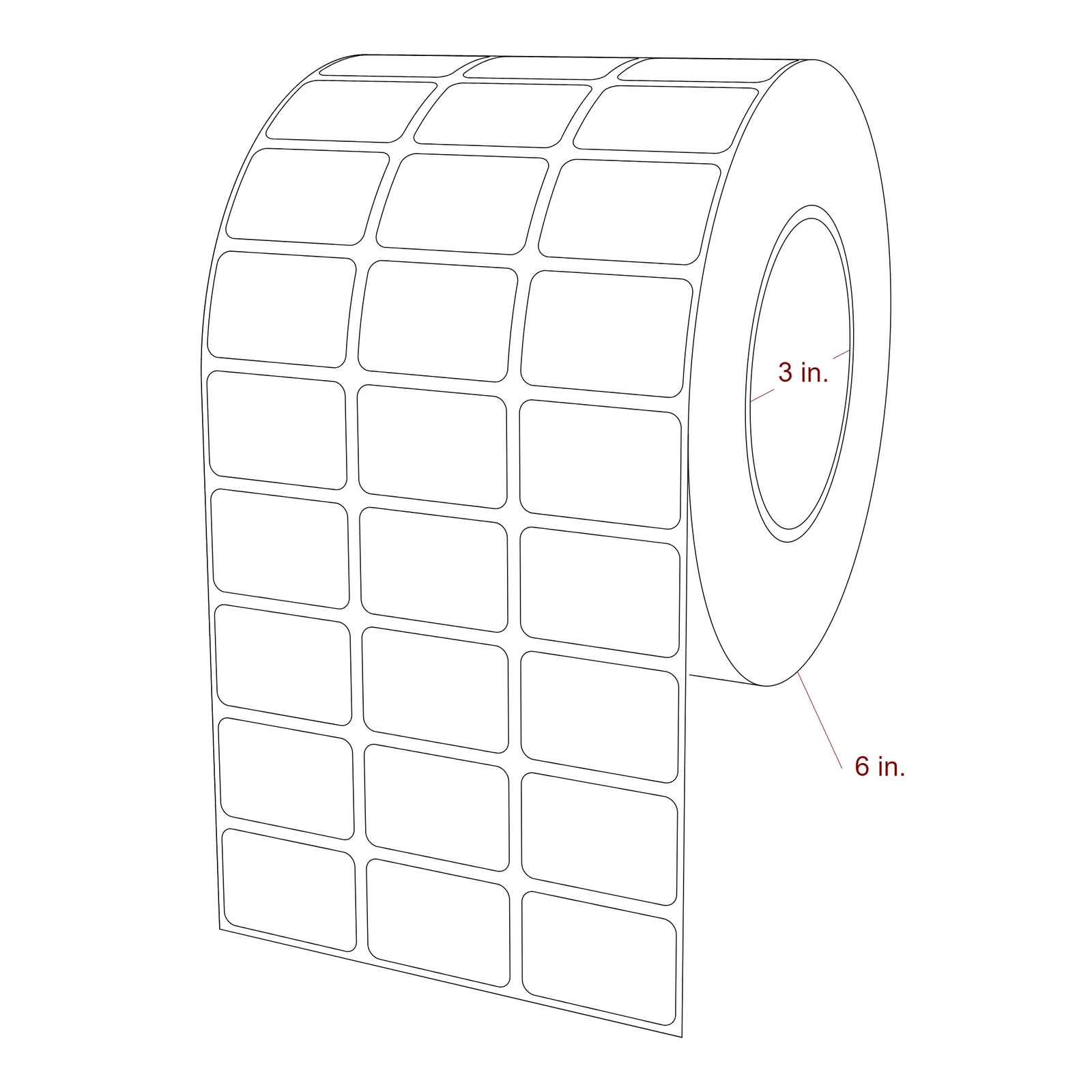 1.5 Inch x 1 Inch Rectangle Inkjet Label Roll - 3 Inch Core - 6 Inch Roll OD - 3Up - 3D Perspective