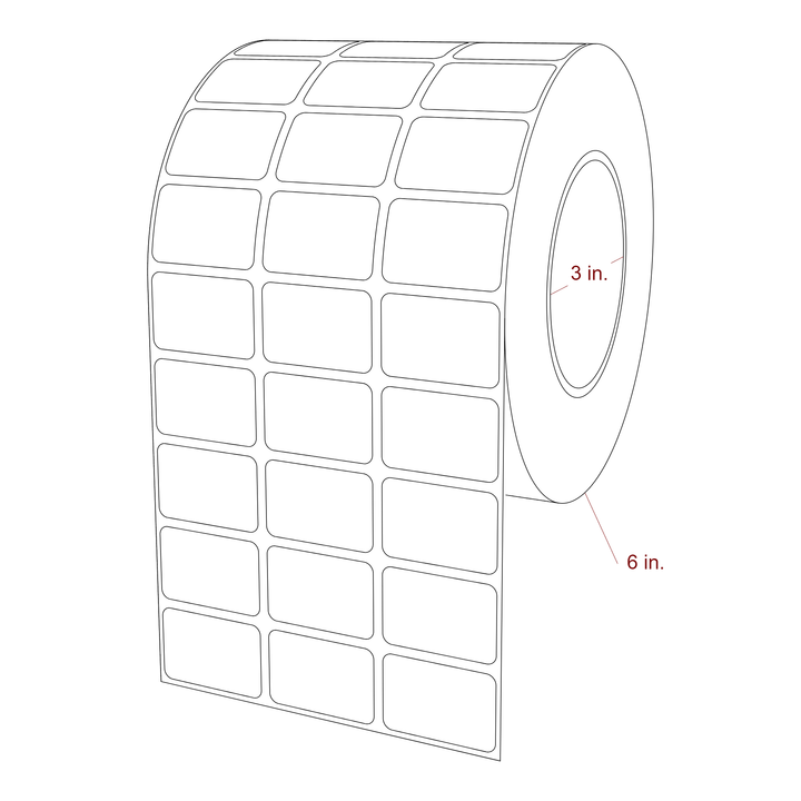 1.5 Inch x 1 Inch Rectangle Inkjet Label Roll - 3 Inch Core - 6 Inch Roll OD - 3Up - 3D Perspective