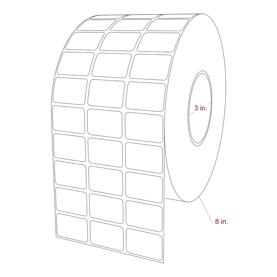 1.5 Inch x 1 Inch Rectangle Inkjet Label Roll - 3 Inch Core - 8 Inch Roll OD - 3Up - 3D Perspective