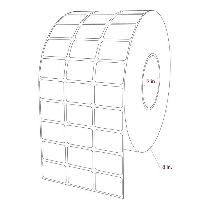 1.5 Inch x 1 Inch Rectangle Inkjet Label Roll - 3 Inch Core - 8 Inch Roll OD - 3Up - 3D Perspective