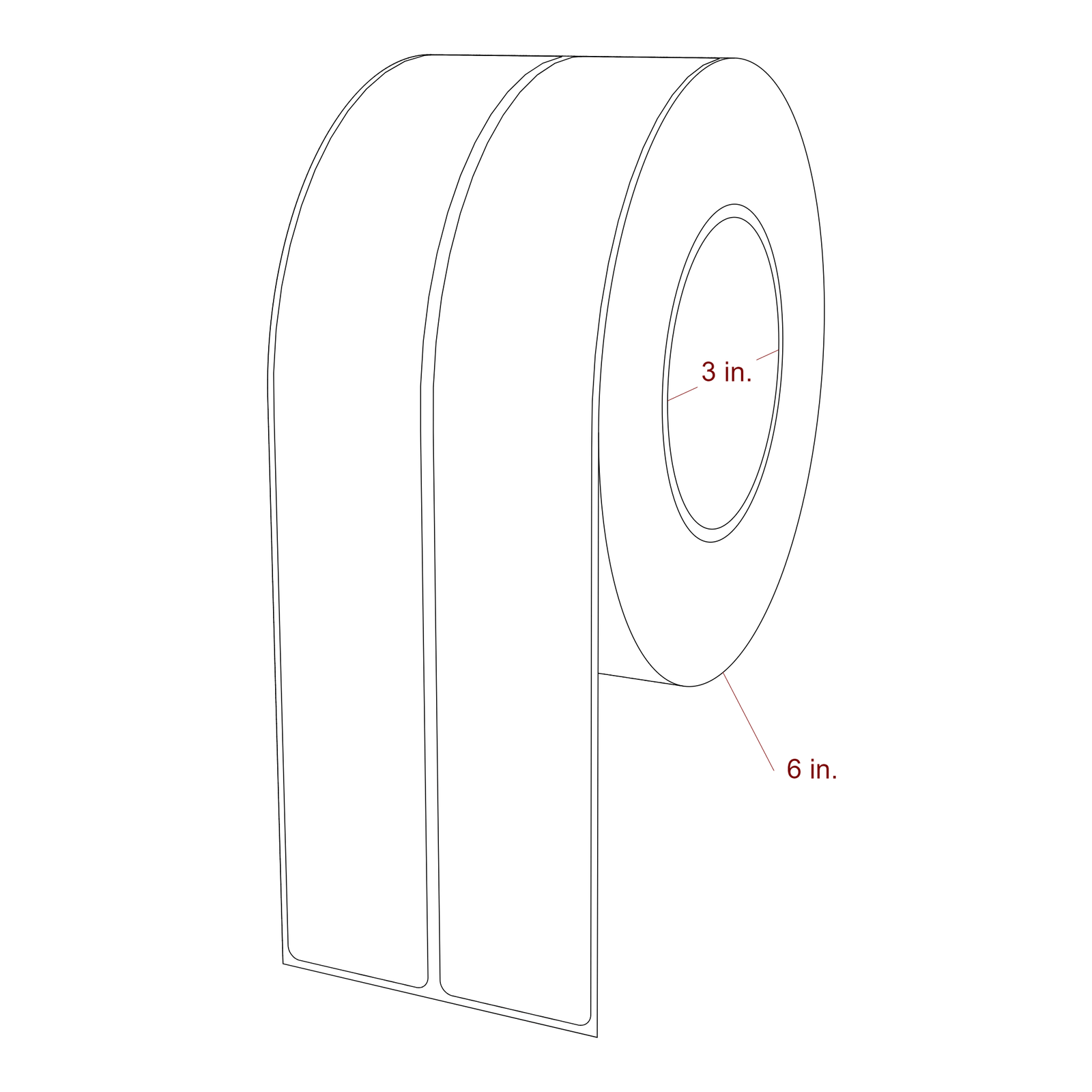1.5 Inch x 10 Inch Rectangle Inkjet Label Roll - 3 Inch Core - 6 Inch Roll OD - 2Up - 3D Perspective