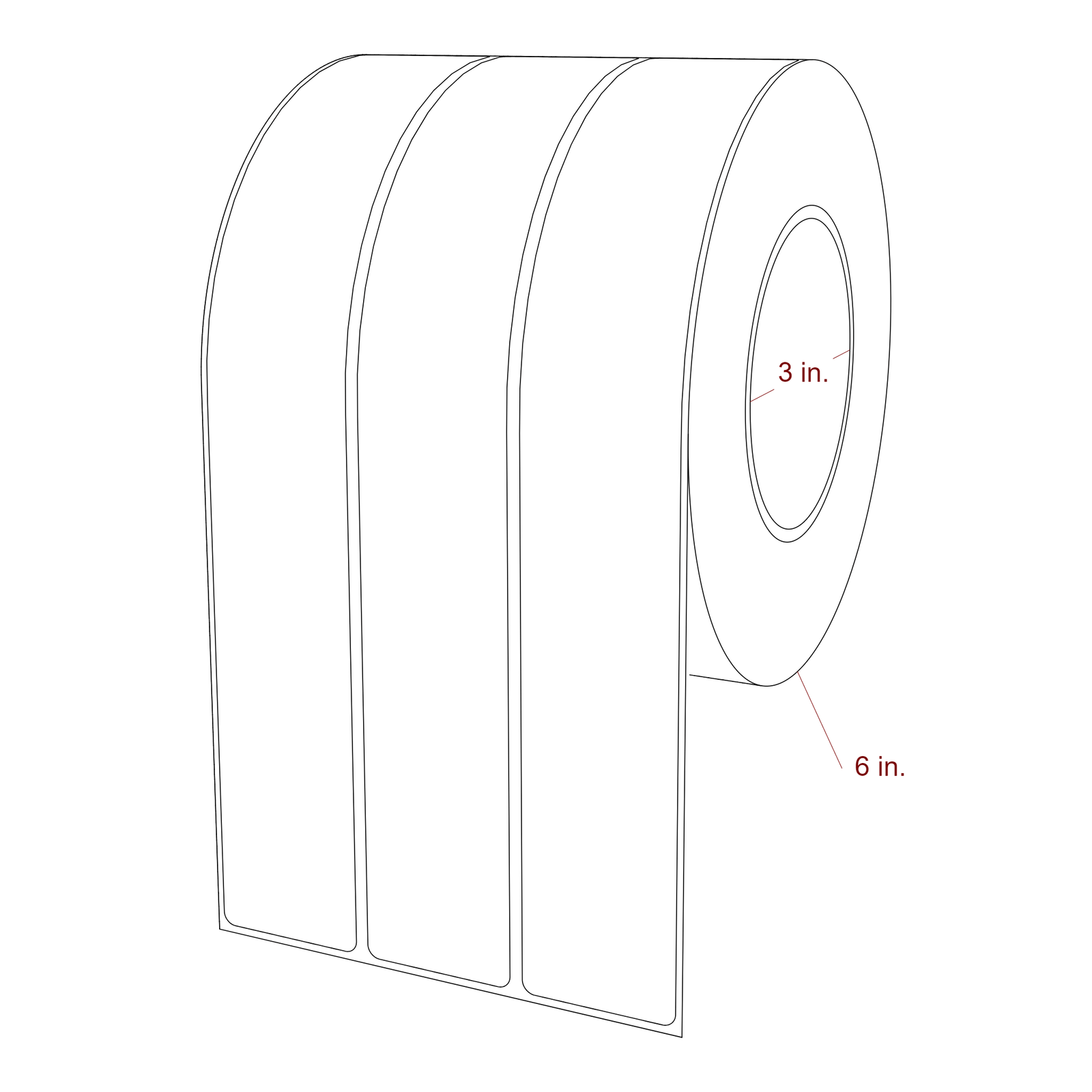 1.5 Inch x 10 Inch Rectangle Inkjet Label Roll - 3 Inch Core - 6 Inch Roll OD - 3Up - 3D Perspective