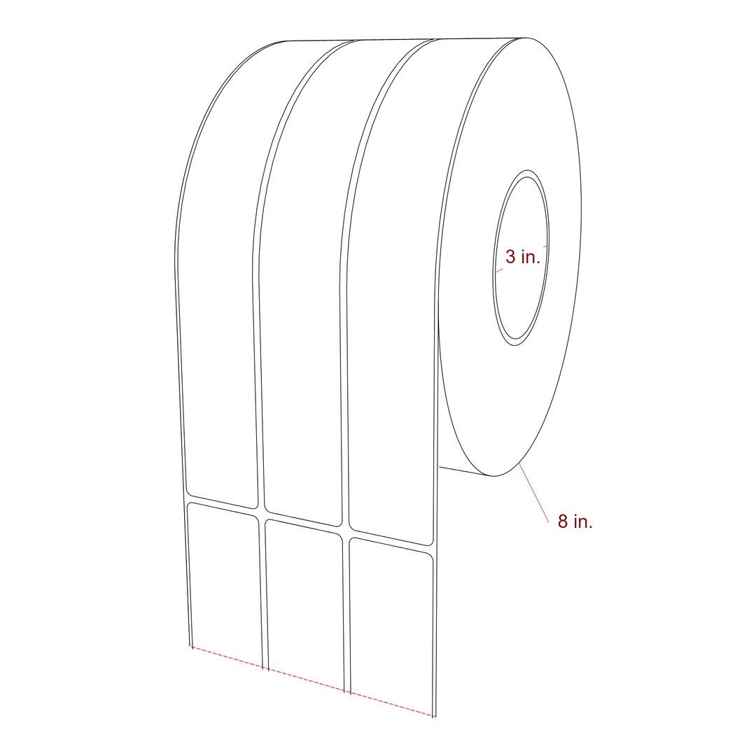 1.5 Inch x 10 Inch Rectangle Inkjet Label Roll - 3 Inch Core - 8 Inch Roll OD - 3Up - 3D Perspective