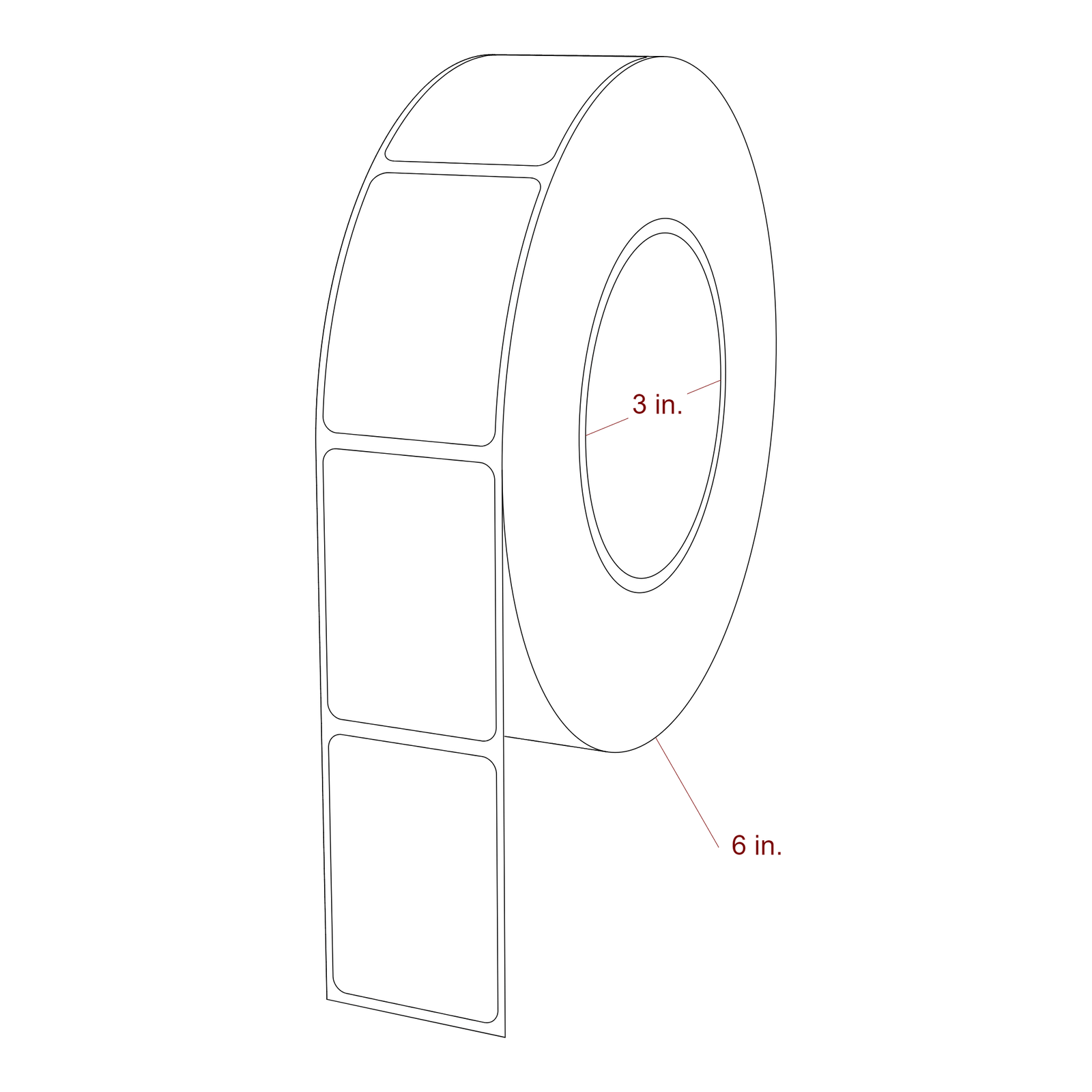 1.5 Inch x 2.1875 Inch Rectangle Inkjet Label Roll - 3 Inch Core - 6 Inch Roll OD - 3D Perspective