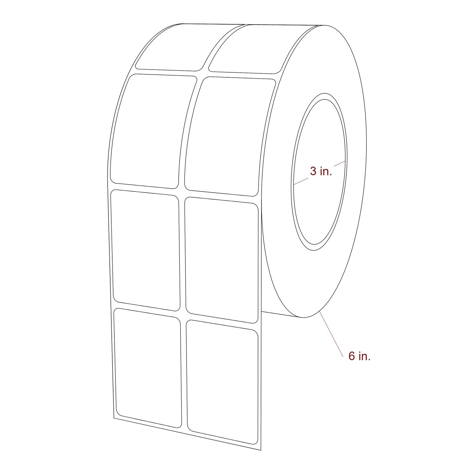 1.5 Inch x 2.25 Inch Rectangle Inkjet Label Roll - 3 Inch Core - 6 Inch Roll OD - 2Up - 3D Perspective