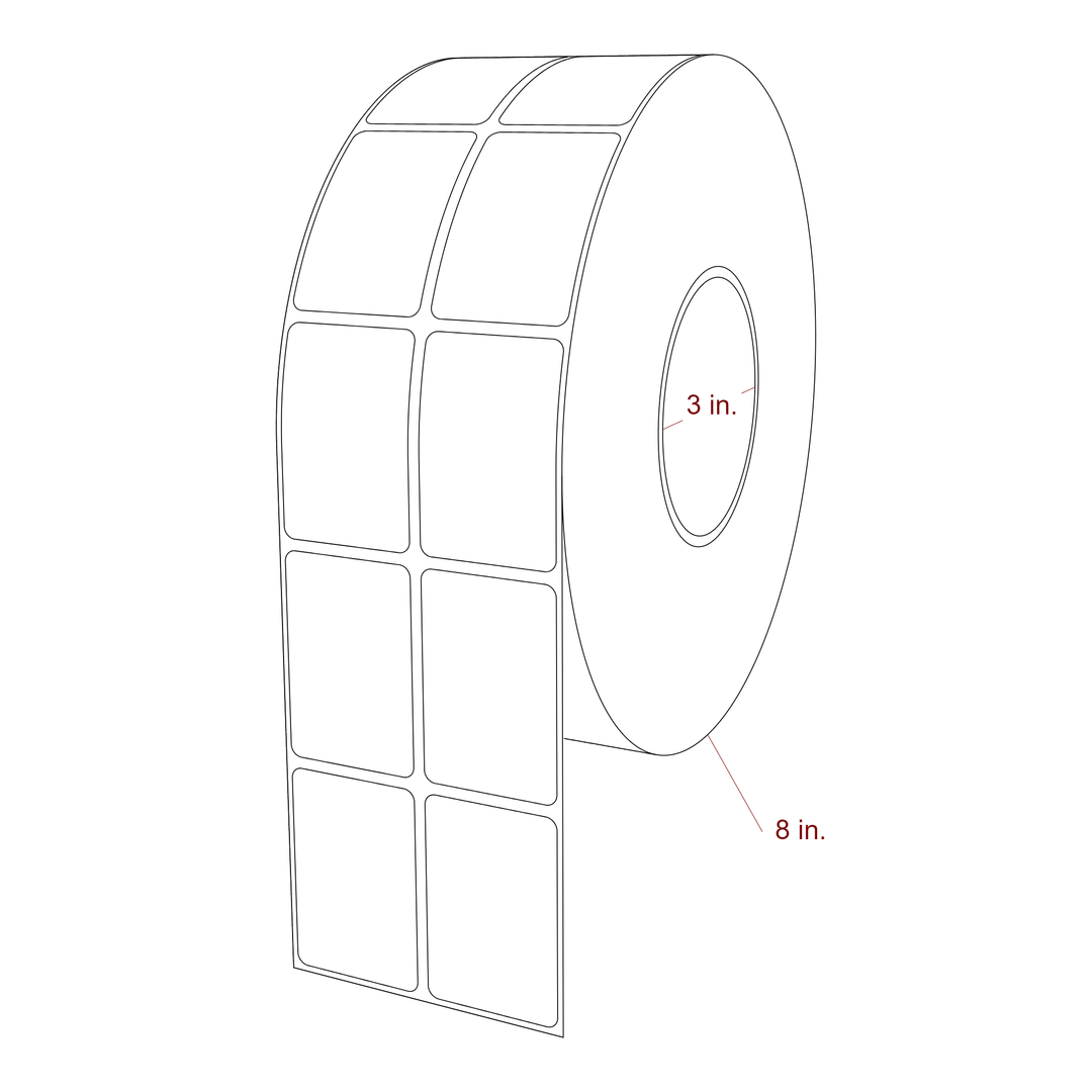 1.5 Inch x 2.25 Inch Rectangle Inkjet Label Roll - 3 Inch Core - 8 Inch Roll OD - 2Up - 3D Perspective