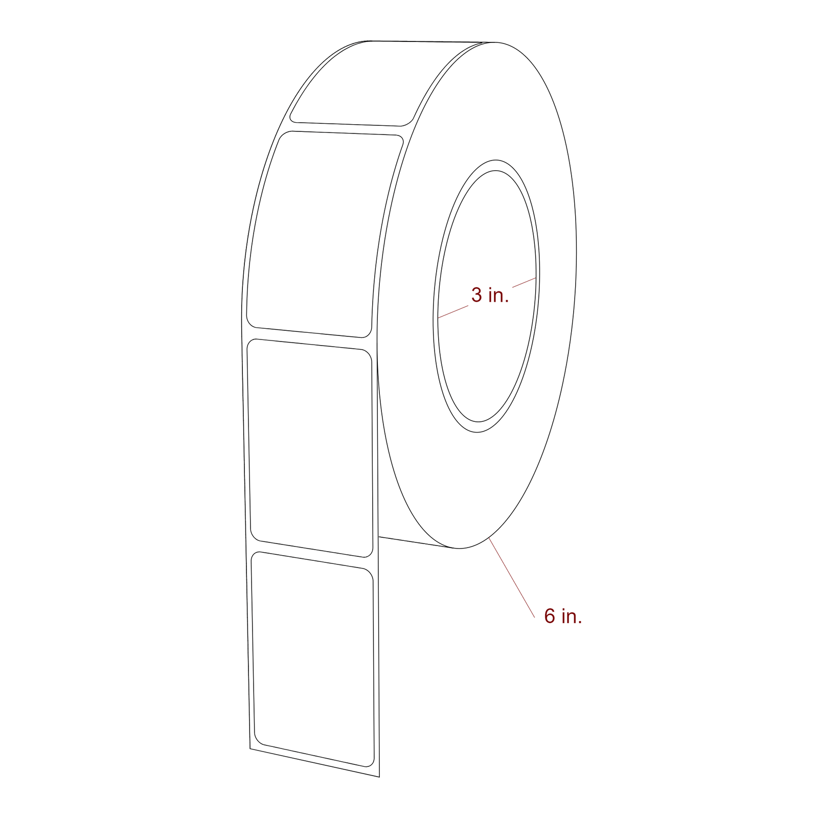 1.5 Inch x 2.25 Inch Rectangle Inkjet Label Roll - 3 Inch Core - 6 Inch Roll OD - 3D Perspective