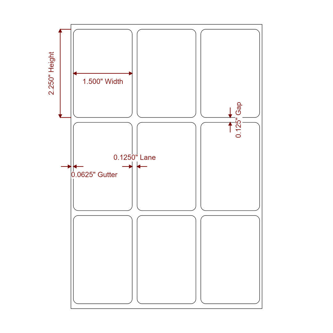 1.5 Inch x 2.25 Inch Rectangle Inkjet Label Roll - 3Up - 2D Drawing