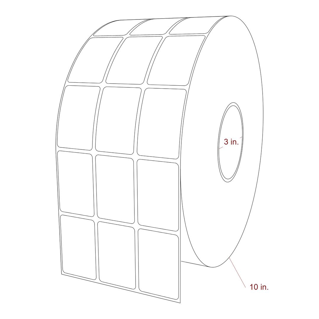 1.5 Inch x 2.25 Inch Rectangle Inkjet Label Roll - 3 Inch Core - 10 Inch Roll OD - 3Up - 3D Perspective