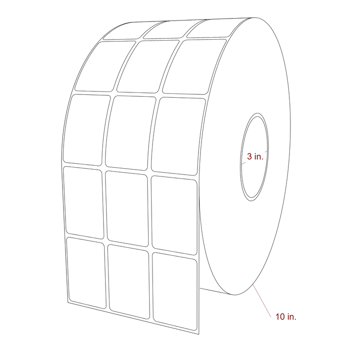 1.5 Inch x 2.25 Inch Rectangle Inkjet Label Roll - 3 Inch Core - 10 Inch Roll OD - 3Up - 3D Perspective