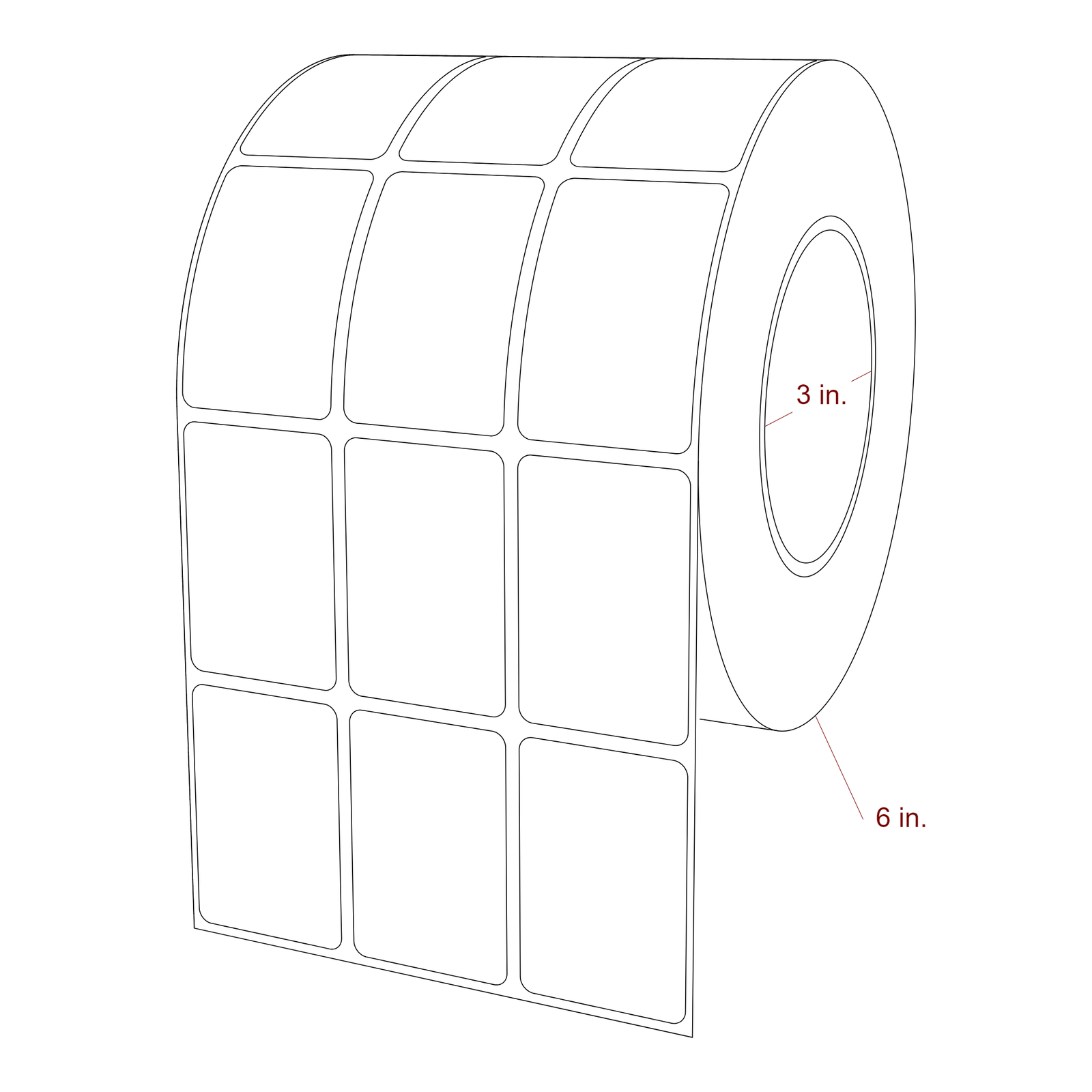 1.5 Inch x 2.25 Inch Rectangle Inkjet Label Roll - 3 Inch Core - 6 Inch Roll OD - 3Up - 3D Perspective