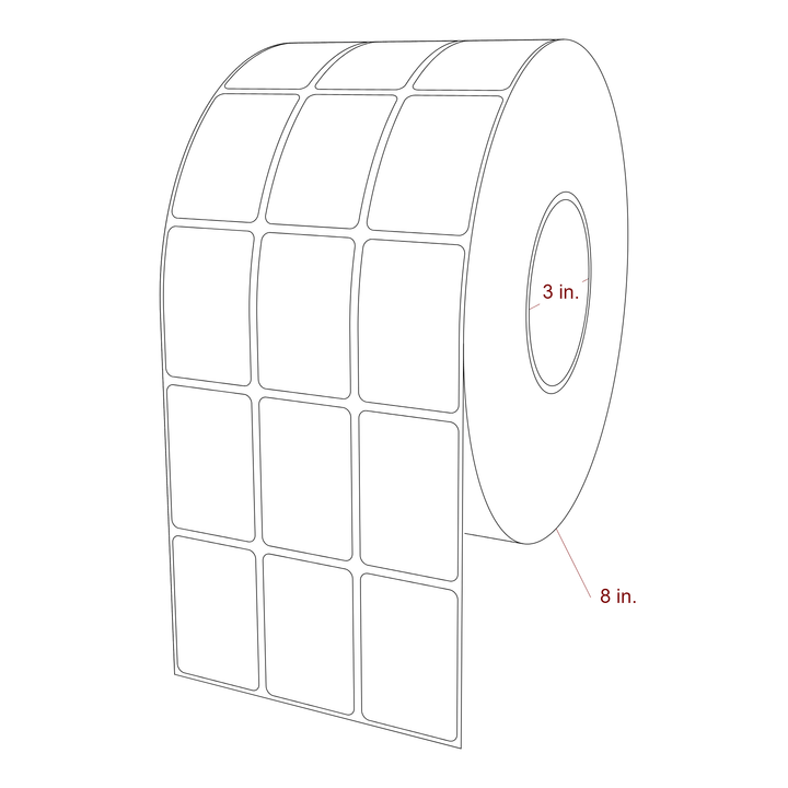 1.5 Inch x 2.25 Inch Rectangle Inkjet Label Roll - 3 Inch Core - 8 Inch Roll OD - 3Up - 3D Perspective