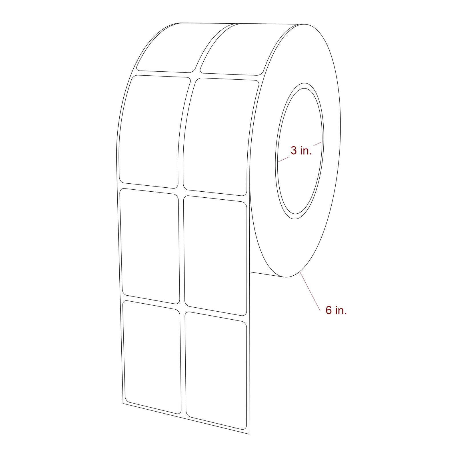 1.5 Inch x 2.5 Inch Rectangle Inkjet Label Roll - 3 Inch Core - 6 Inch Roll OD - 2Up - 3D Perspective