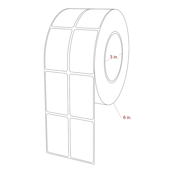 1.5 Inch x 2.5 Inch Rectangle Inkjet Label Roll - 3 Inch Core - 6 Inch Roll OD - 2Up - 3D Perspective