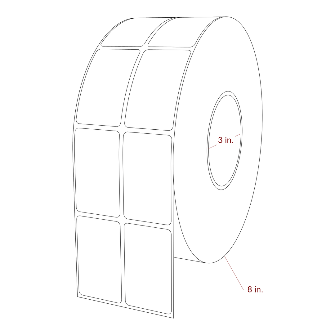 1.5 Inch x 2.5 Inch Rectangle Inkjet Label Roll - 3 Inch Core - 8 Inch Roll OD - 2Up - 3D Perspective