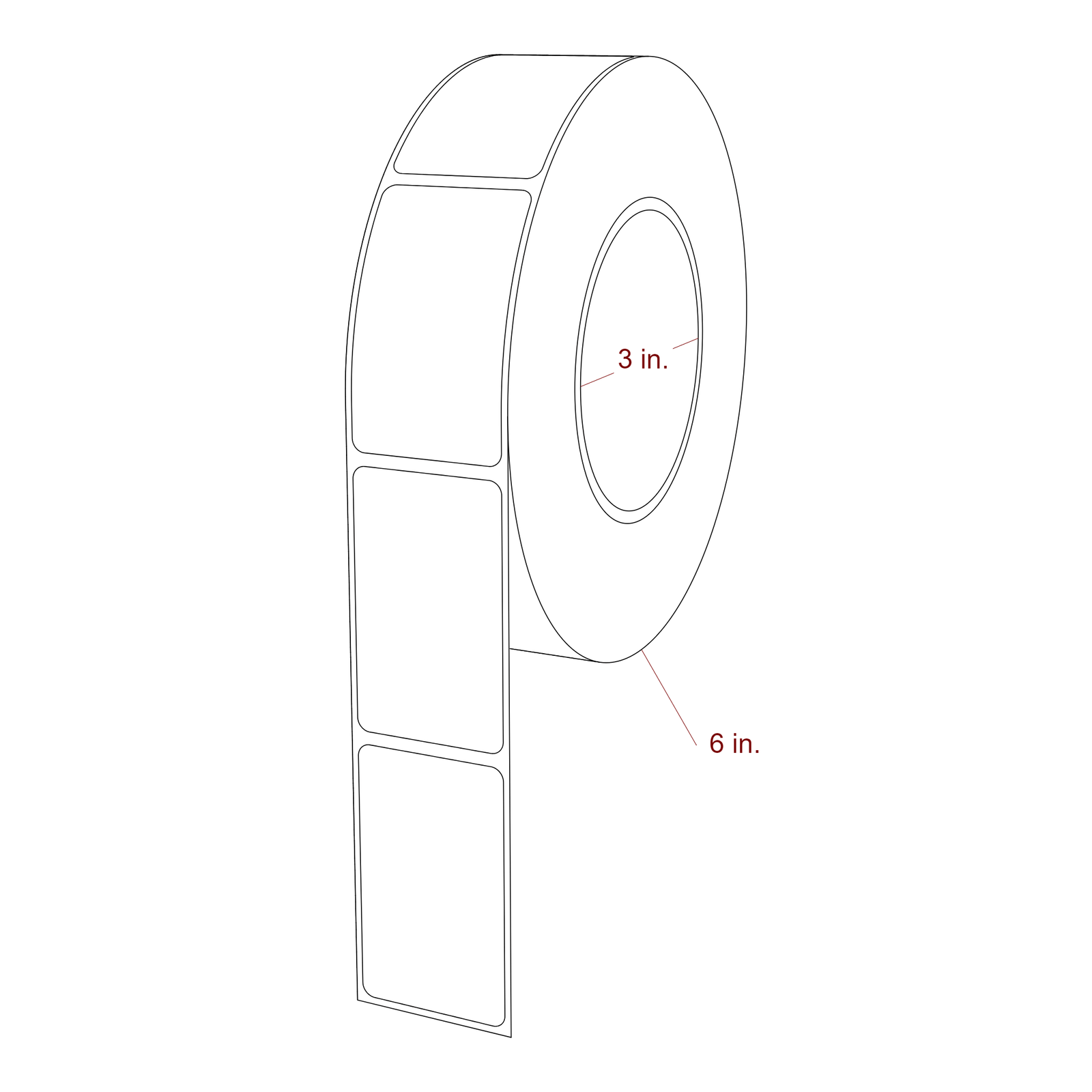 1.5 Inch x 2.5 Inch Rectangle Inkjet Label Roll - 3 Inch Core - 6 Inch Roll OD - 3D Perspective