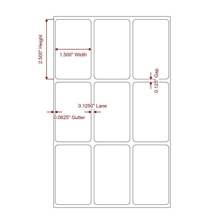 1.5 Inch x 2.5 Inch Rectangle Inkjet Label Roll - 3Up - 2D Drawing