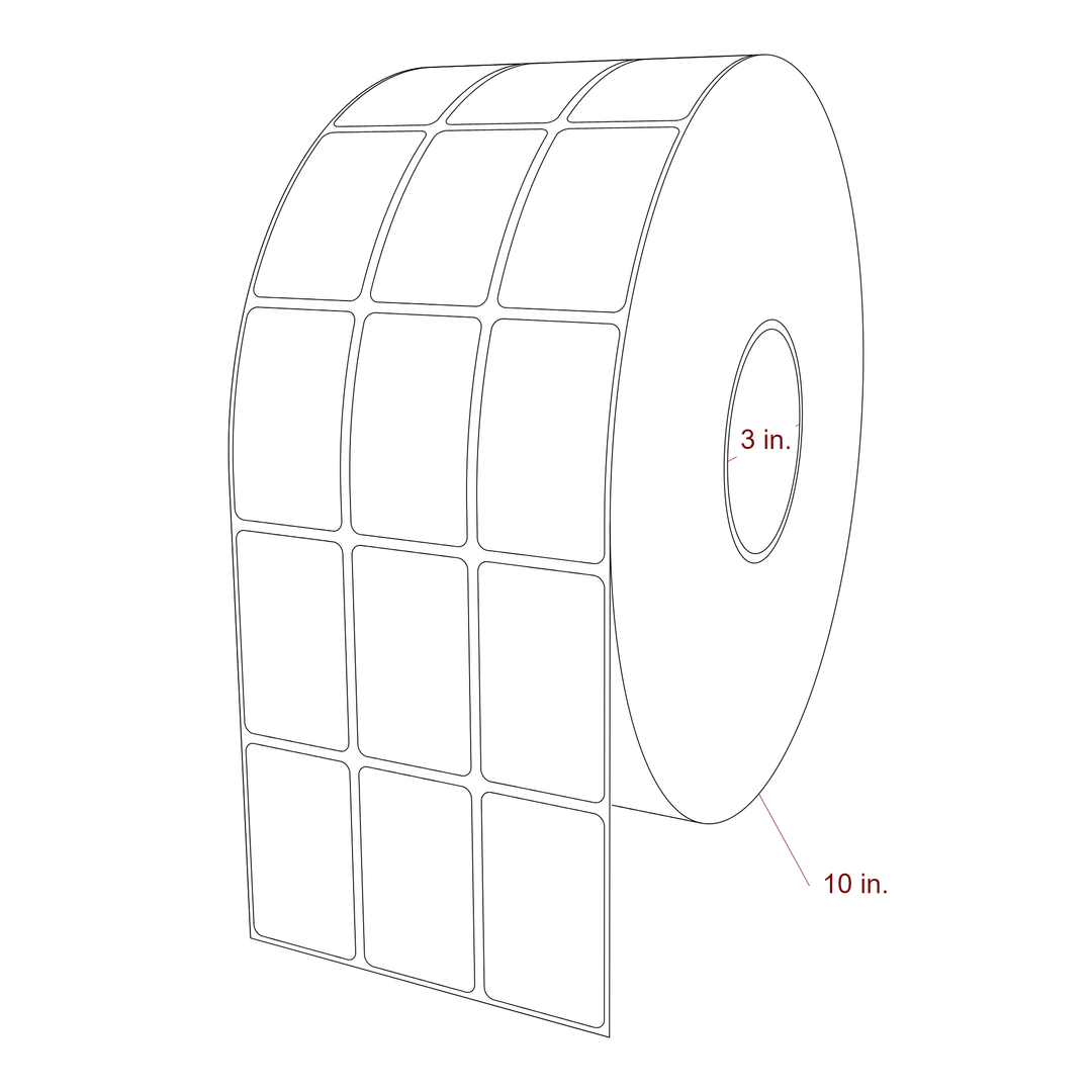 1.5 Inch x 2.5 Inch Rectangle Inkjet Label Roll - 3 Inch Core - 10 Inch Roll OD - 3Up - 3D Perspective