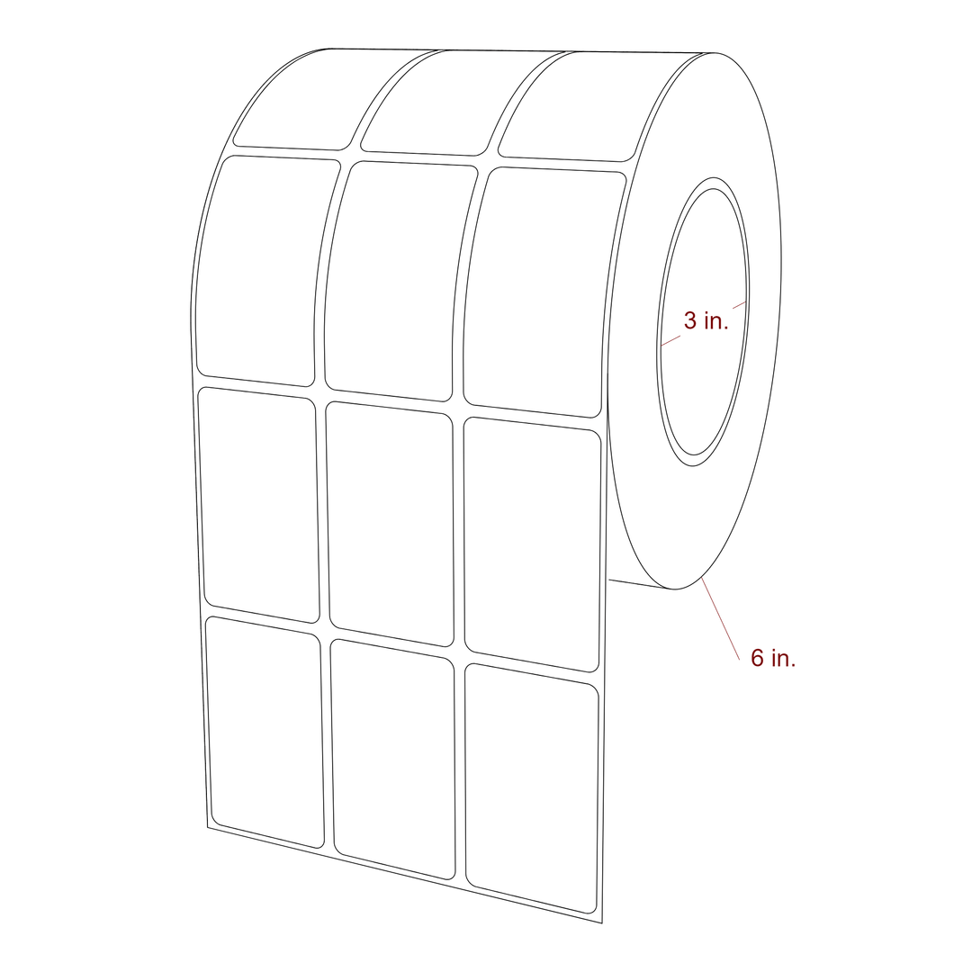 1.5 Inch x 2.5 Inch Rectangle Inkjet Label Roll - 3 Inch Core - 6 Inch Roll OD - 3Up - 3D Perspective