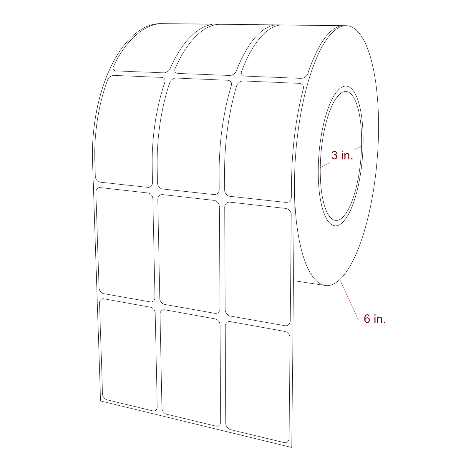 1.5 Inch x 2.5 Inch Rectangle Inkjet Label Roll - 3 Inch Core - 6 Inch Roll OD - 3Up - 3D Perspective