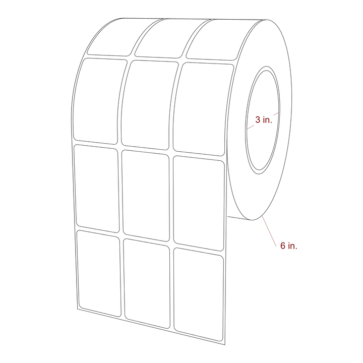 1.5 Inch x 2.5 Inch Rectangle Inkjet Label Roll - 3 Inch Core - 6 Inch Roll OD - 3Up - 3D Perspective