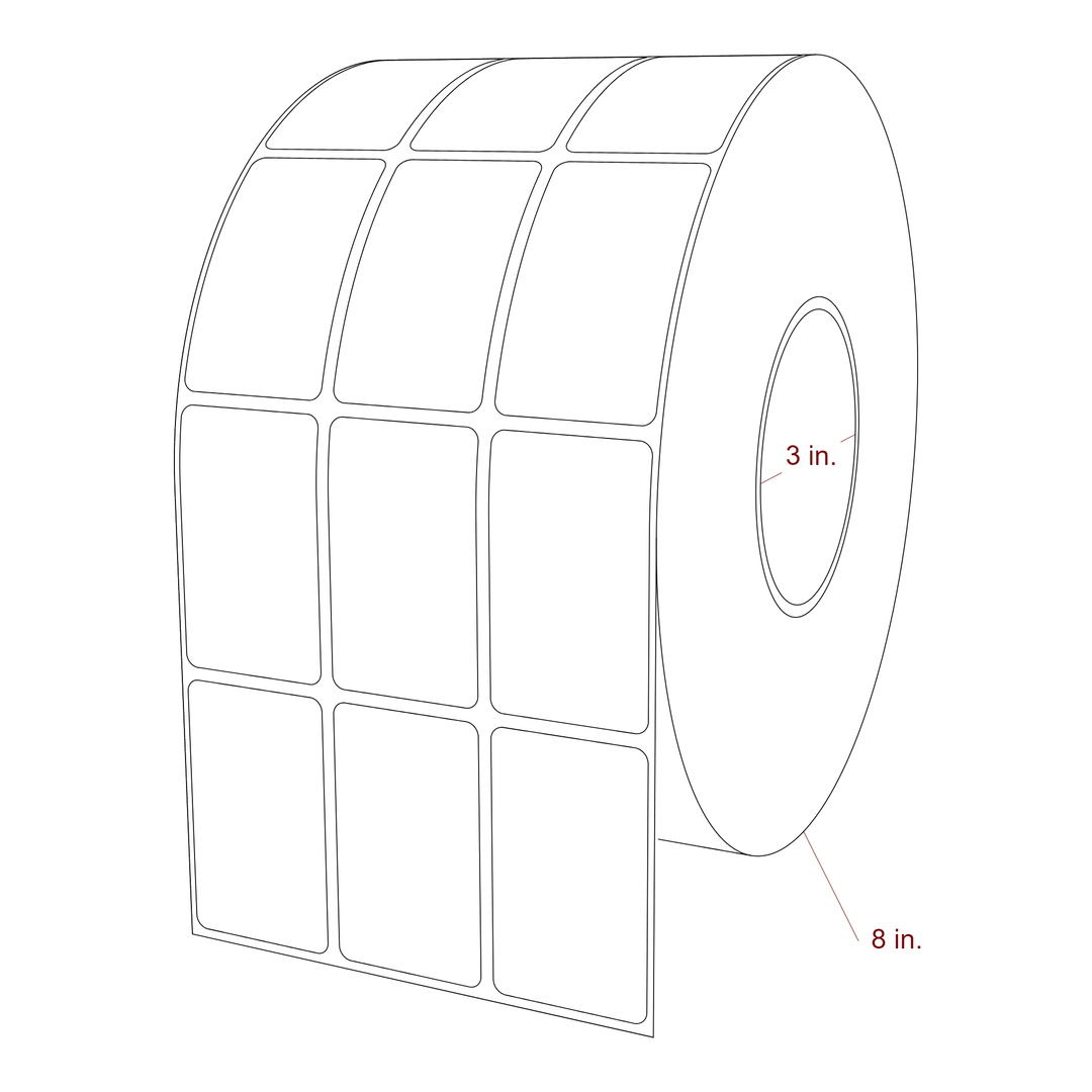 1.5 Inch x 2.5 Inch Rectangle Inkjet Label Roll - 3 Inch Core - 8 Inch Roll OD - 3Up - 3D Perspective