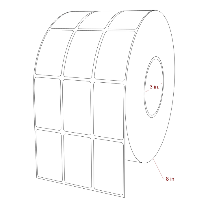 1.5 Inch x 2.5 Inch Rectangle Inkjet Label Roll - 3 Inch Core - 8 Inch Roll OD - 3Up - 3D Perspective