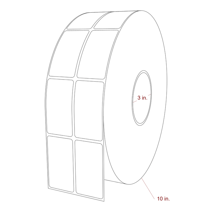 1.5 Inch x 2.75 Inch Rectangle Inkjet Label Roll - 3 Inch Core - 10 Inch Roll OD - 2Up - 3D Perspective
