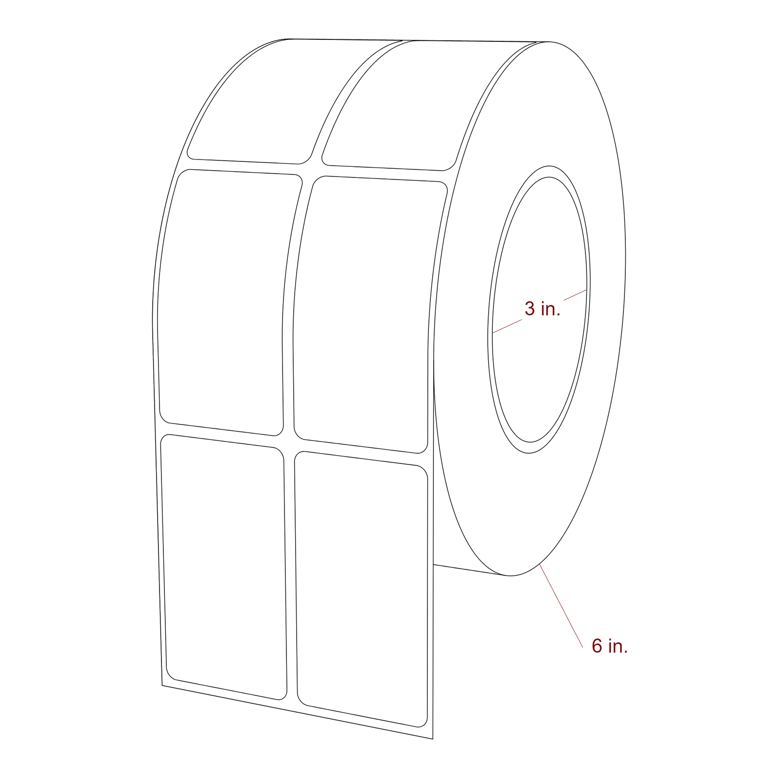 1.5 Inch x 2.75 Inch Rectangle Inkjet Label Roll - 3 Inch Core - 6 Inch Roll OD - 2Up - 3D Perspective
