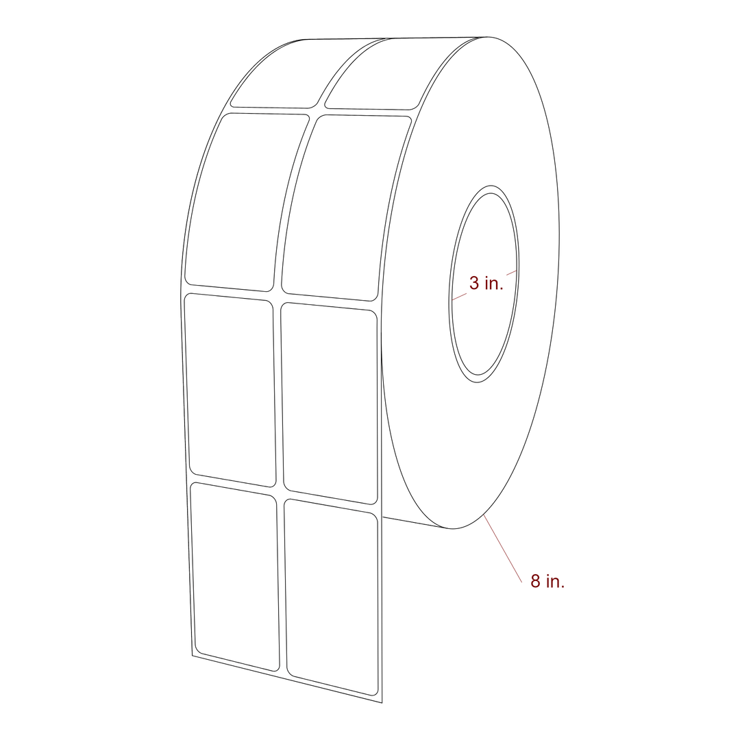 1.5 Inch x 2.75 Inch Rectangle Inkjet Label Roll - 3 Inch Core - 8 Inch Roll OD - 2Up - 3D Perspective